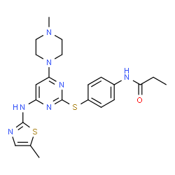 ChemSpider 2D Image | N-[4-({4-(4-Methyl-1-piperazinyl)-6-[(5-methyl-1,3-thiazol-2-yl)amino]-2-pyrimidinyl}sulfanyl)phenyl]propanamide | C22H27N7OS2