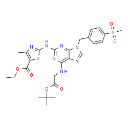 ChemSpider 2D Image | Ethyl 4-methyl-2-({6-({2-[(2-methyl-2-propanyl)oxy]-2-oxoethyl}amino)-9-[4-(methylsulfonyl)benzyl]-9H-purin-2-yl}amino)-1,3-thiazole-5-carboxylate | C26H31N7O6S2