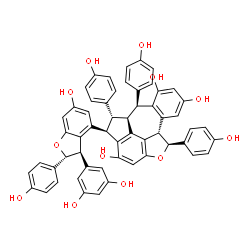 ChemSpider 2D Image | (3R,4R,4aS,5S,9bS,10S)-3-[(2R,3R)-3-(3,5-Dihydroxyphenyl)-6-hydroxy-2-(4-hydroxyphenyl)-2,3-dihydro-1-benzofuran-4-yl]-4,5,10-tris(4-hydroxyphenyl)-3,4,4a,5,9b,10-hexahydro-11-oxabenzo[5,6]cyclohepta[
1,2,3,4-jkl]-as-indacene-2,6,8-triol | C56H42O12