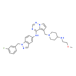 ChemSpider 2D Image | N-[1-(3-Fluorobenzyl)-1H-indazol-5-yl]-5-({4-[(2-methoxyethyl)amino]-1-piperidinyl}methyl)pyrrolo[2,1-f][1,2,4]triazin-4-amine | C29H33FN8O