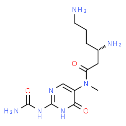 ChemSpider 2D Image | (3S)-3,6-Diamino-N-[2-(carbamoylamino)-6-oxo-1,6-dihydro-5-pyrimidinyl]-N-methylhexanamide | C12H21N7O3