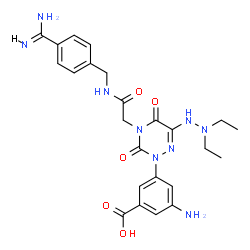 ChemSpider 2D Image | 3-Amino-5-[4-{2-[(4-carbamimidoylbenzyl)amino]-2-oxoethyl}-6-(2,2-diethylhydrazino)-3,5-dioxo-4,5-dihydro-1,2,4-triazin-2(3H)-yl]benzoic acid | C24H29N9O5