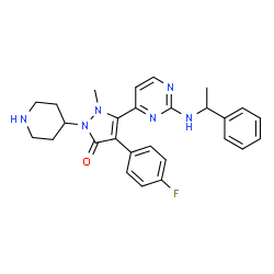 ChemSpider 2D Image | 4-(4-Fluorophenyl)-1-methyl-5-{2-[(1-phenylethyl)amino]-4-pyrimidinyl}-2-(4-piperidinyl)-1,2-dihydro-3H-pyrazol-3-one | C27H29FN6O