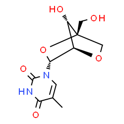ChemSpider 2D Image | 1-[2,5-Anhydro-4-(hydroxymethyl)-alpha-L-lyxofuranosyl]-5-methyl-2,4(1H,3H)-pyrimidinedione | C11H14N2O6