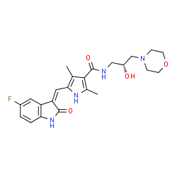 ChemSpider 2D Image | 5-[(Z)-(5-Fluoro-2-oxo-1,2-dihydro-3H-indol-3-ylidene)methyl]-N-[(2R)-2-hydroxy-3-(4-morpholinyl)propyl]-2,4-dimethyl-1H-pyrrole-3-carboxamide | C23H27FN4O4