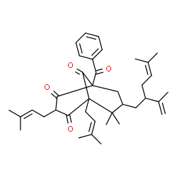 ChemSpider 2D Image | 1-Benzoyl-7-(2-isopropenyl-5-methyl-4-hexen-1-yl)-6,6-dimethyl-3,5-bis(3-methyl-2-buten-1-yl)bicyclo[3.3.1]nonane-2,4,9-trione | C38H50O4