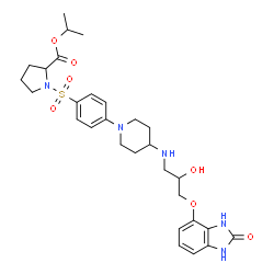 ChemSpider 2D Image | Isopropyl 1-({4-[4-({2-hydroxy-3-[(2-oxo-2,3-dihydro-1H-benzimidazol-4-yl)oxy]propyl}amino)-1-piperidinyl]phenyl}sulfonyl)prolinate | C29H39N5O7S
