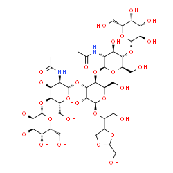 ChemSpider 2D Image | 2-Hydroxy-1-[2-(hydroxymethyl)-1,3-dioxolan-4-yl]ethyl beta-D-galactopyranosyl-(1->4)-2-acetamido-2-deoxy-beta-D-glucopyranosyl-(1->4)-[beta-D-gulopyranosyl-(1->4)-2-acetamido-2-deoxy-beta-D-allopyran
osyl-(1->3)]-beta-D-gulopyranoside | C40H68N2O30