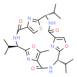 ChemSpider 2D Image | (4S,11S,18S)-4,11,18-Triisopropyl-7-methyl-6,13-dioxa-20-thia-3,10,17,22,23,24-hexaazatetracyclo[17.2.1.1~5,8~.1~12,15~]tetracosa-1(21),5(24),7,12(23),14,19(22)-hexaene-2,9,16-trione | C25H32N6O5S