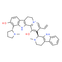 ChemSpider 2D Image | 1,10-Dihydroxy-11-[(2R)-1-methyl-2-pyrrolidinyl]-2-[(1S)-2-methyl-2,3,4,9-tetrahydro-1H-beta-carbolin-1-yl]-3-vinyl-7,12-dihydro-6H-indolo[2,3-a]quinolizin-5-ium | C34H36N5O2