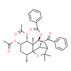 ChemSpider 2D Image | (2R,4S,5R,6R,7S,12R)-4,5-Diacetoxy-2,6,10,10-tetramethyl-11-oxatricyclo[7.2.1.0~1,6~]dodecane-7,12-diyl dibenzoate | C33H38O9