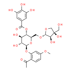 ChemSpider 2D Image | 2-Acetyl-5-methoxyphenyl 6-O-[(2R,3R,4R)-3,4-dihydroxy-4-(hydroxymethyl)tetrahydro-2-furanyl]-4-O-(3,4,5-trihydroxybenzoyl)-beta-D-glucopyranoside | C27H32O16