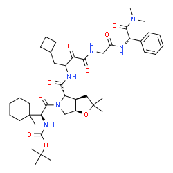 ChemSpider 2D Image | 2-Methyl-2-propanyl [(1S)-2-[(3aR,4S,6aR)-4-({1-cyclobutyl-4-[(2-{[(1S)-2-(dimethylamino)-2-oxo-1-phenylethyl]amino}-2-oxoethyl)amino]-3,4-dioxo-2-butanyl}carbamoyl)-2,2-dimethylhexahydro-5H-furo[2,3-
c]pyrrol-5-yl]-1-(1-methylcyclohexyl)-2-oxoethyl]carbamate | C43H64N6O9