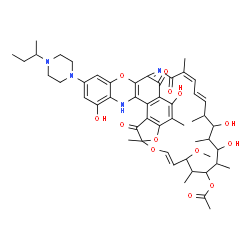 ChemSpider 2D Image | (9E,19E,21Z)-30-(4-sec-Butyl-1-piperazinyl)-2,15,17,32-tetrahydroxy-11-methoxy-3,7,12,14,16,18,22-heptamethyl-6,23,37-trioxo-8,27,38-trioxa-24,34-diazahexacyclo[23.11.1.1~4,7~.0~5,36~.0~26,35~.0~28,33
~]octatriaconta-1(36),2,4,9,19,21,24,26(35),28,30,32-undecaen-13-yl acetate | C51H64N4O13