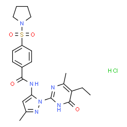 ChemSpider 2D Image | N-[1-(5-Ethyl-4-methyl-6-oxo-1,6-dihydro-2-pyrimidinyl)-3-methyl-1H-pyrazol-5-yl]-4-(1-pyrrolidinylsulfonyl)benzamide hydrochloride (1:1) | C22H27ClN6O4S