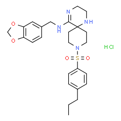 ChemSpider 2D Image | N-(1,3-Benzodioxol-5-ylmethyl)-9-[(4-propylphenyl)sulfonyl]-1,4,9-triazaspiro[5.5]undec-4-en-5-amine hydrochloride (1:1) | C25H33ClN4O4S