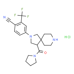 ChemSpider 2D Image | 4-[4-(1-Pyrrolidinylcarbonyl)-2,8-diazaspiro[4.5]dec-2-yl]-2-(trifluoromethyl)benzonitrile hydrochloride (1:1) | C21H26ClF3N4O