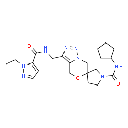 ChemSpider 2D Image | N-Cyclopentyl-3'-({[(1-ethyl-1H-pyrazol-5-yl)carbonyl]amino}methyl)-1H,4'H-spiro[pyrrolidine-3,6'-[1,2,3]triazolo[5,1-c][1,4]oxazine]-1-carboxamide | C21H30N8O3