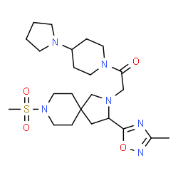 ChemSpider 2D Image | 2-[3-(3-Methyl-1,2,4-oxadiazol-5-yl)-8-(methylsulfonyl)-2,8-diazaspiro[4.5]dec-2-yl]-1-[4-(1-pyrrolidinyl)-1-piperidinyl]ethanone | C23H38N6O4S
