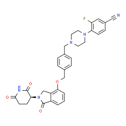 ChemSpider 2D Image | 4-[4-({4-[({2-[(3S)-2,6-dioxopiperidin-3-yl]-1-oxo-3H-isoindol-4-yl}oxy)methyl]phenyl}methyl)piperazin-1-yl]-3-fluorobenzonitrile | C32H30FN5O4