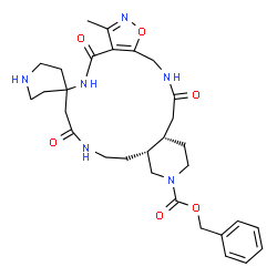 ChemSpider 2D Image | Benzyl (11aR,15aS)-3-methyl-4,8,17-trioxo-4,8,9,10,11,11a,12,14,15,15a,16,17,18,19-tetradecahydro-5H-spiro[1,2-oxazolo[4,5-g]pyrido[4,3-m][1,5,10]triazacyclohexadecine-6,4'-piperidine]-13(7H)-carboxyl
ate | C30H40N6O6