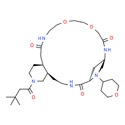 ChemSpider 2D Image | (1R,6R,11S,24R)-8-(3,3-Dimethylbutanoyl)-26-(tetrahydro-2H-pyran-4-yl)-17,20-dioxa-3,8,14,23,26-pentaazatricyclo[22.2.1.0~6,11~]heptacosane-2,13,22-trione | C31H53N5O7