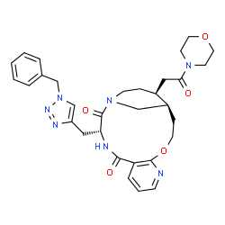 ChemSpider 2D Image | (1R,13R,18S)-13-[(1-Benzyl-1H-1,2,3-triazol-4-yl)methyl]-18-[2-(4-morpholinyl)-2-oxoethyl]-4-oxa-6,12,15-triazatricyclo[13.3.1.0~5,10~]nonadeca-5,7,9-triene-11,14-dione | C31H37N7O5