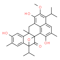 ChemSpider 2D Image | 8,14,20-Trihydroxy-4,16-diisopropyl-15-methoxy-7,11,19-trimethyl-3-oxahexacyclo[11.7.1.1~2,4~.0~2,11~.0~5,10~.0~17,21~]docosa-1(21),5,7,9,13,15,17,19-octaen-22-one | C31H34O6