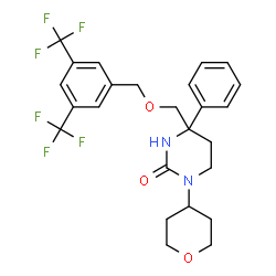 ChemSpider 2D Image | 4-({[3,5-Bis(trifluoromethyl)benzyl]oxy}methyl)-4-phenyl-1-(tetrahydro-2H-pyran-4-yl)tetrahydro-2(1H)-pyrimidinone | C25H26F6N2O3