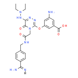 ChemSpider 2D Image | 3-Amino-5-{[4-{2-[(4-carbamimidoylbenzyl)amino]-2-oxoethyl}-6-(2,2-diethylhydrazino)-5-oxo-4,5-dihydro-1,2,4-triazin-3-yl]oxy}benzoic acid | C24H29N9O5