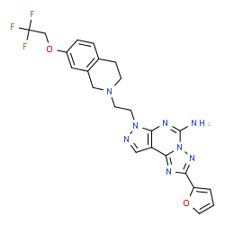 ChemSpider 2D Image | 2-(2-Furyl)-7-{2-[7-(2,2,2-trifluoroethoxy)-3,4-dihydro-2(1H)-isoquinolinyl]ethyl}-7H-pyrazolo[4,3-e][1,2,4]triazolo[1,5-c]pyrimidin-5-amine | C23H21F3N8O2