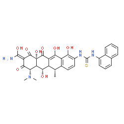 ChemSpider 2D Image | 1-[(5R,6S,7S,9Z,10aS)-9-[Amino(hydroxy)methylene]-7-(dimethylamino)-1,6,10a,12-tetrahydroxy-5-methyl-8,10,11-trioxo-5,5a,6,6a,7,8,9,10,10a,11-decahydro-2-tetracenyl]-3-(1-naphthyl)thiourea | C33H32N4O8S