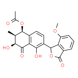 ChemSpider 2D Image | (1R,2R,3S)-3,5-Dihydroxy-6-(7-methoxy-3-oxo-1,3-dihydro-2-benzofuran-1-yl)-2-methyl-4-oxo-1,2,3,4-tetrahydro-1-naphthalenyl acetate | C22H20O8