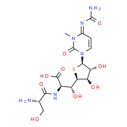 ChemSpider 2D Image | L-Seryl-(3R)-3-{(2R,3R,4R,5R)-5-[(4E)-4-(carbamoylimino)-3-methyl-2-oxo-3,4-dihydro-1(2H)-pyrimidinyl]-3,4-dihydroxytetrahydro-2-thiophenyl}-D-serine | C16H24N6O9S