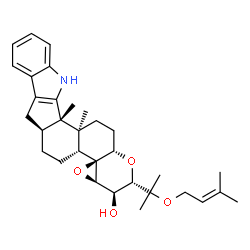 ChemSpider 2D Image | (2S,3R,3aR,4aS,4bR,6aS,12bS,12cS,14aS)-12b,12c-Dimethyl-2-{2-[(3-methyl-2-buten-1-yl)oxy]-2-propanyl}-3,3a,5,6,6a,7,12,12b,12c,13,14,14a-dodecahydro-2H,4bH-oxireno[4',4a']chromeno[5',6':6,7]indeno[1,2
-b]indol-3-ol | C32H43NO4