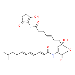 ChemSpider 2D Image | (2E,4E,6E)-N-[(5S)-5-Hydroxy-5-{(1E,3E,5E)-7-[(2-hydroxy-5-oxo-1-cyclopenten-1-yl)amino]-7-oxo-1,3,5-heptatrien-1-yl}-2-oxo-7-oxabicyclo[4.1.0]hept-3-en-3-yl]-10-methyl-2,4,6-undecatrienamide | C30H34N2O7