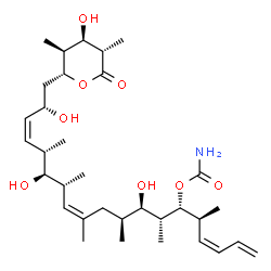 ChemSpider 2D Image | (3Z,5S,6R,7R,8R,9S,11Z,13R,14S,15S,16Z,18S)-8,14,18-Trihydroxy-19-[(2R,3S,4R,5S)-4-hydroxy-3,5-dimethyl-6-oxotetrahydro-2H-pyran-2-yl]-5,7,9,11,13,15-hexamethyl-1,3,11,16-nonadecatetraen-6-yl carbamat
e | C33H55NO8