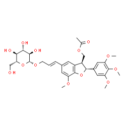 ChemSpider 2D Image | [(2R,3S)-5-[(1E)-3-(beta-D-Glucopyranosyloxy)-1-propen-1-yl]-7-methoxy-2-(3,4,5-trimethoxyphenyl)-2,3-dihydro-1-benzofuran-3-yl]methyl acetate | C30H38O13