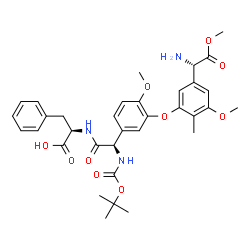 ChemSpider 2D Image | N-[(2R)-2-(3-{5-[(1S)-1-Amino-2-methoxy-2-oxoethyl]-3-methoxy-2-methylphenoxy}-4-methoxyphenyl)-2-({[(2-methyl-2-propanyl)oxy]carbonyl}amino)acetyl]-D-phenylalanine | C34H41N3O10