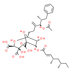 ChemSpider 2D Image | (1S,3S,4S,5R,6R,7R)-1-{(4S,5R)-4-[Acetyl(~18~O)oxy]-5-methyl-3-methylene-6-phenylhexyl}-6-{[(2E,4S,6S)-4,6-dimethyl-2-octenoyl](~18~O)oxy}-4-hydroxy-7-(~18~O)hydroxy(~18~O_2_)-2,8-dioxabicyclo[3.2.1]o
ctane-3,4,5-tricarboxylic acid | C35H46O918O5