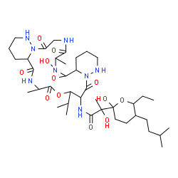 ChemSpider 2D Image | 2-[6-Ethyl-2-hydroxy-5-(3-methylbutyl)tetrahydro-2H-pyran-2-yl]-2-hydroxy-N-(6-hydroxy-22-isopropyl-7,19-dimethyl-5,8,11,17,20,24-hexaoxodocosahydro-13H,22H-dipyridazino[6,1-f:6',1'-o][1,4,7,10,13,16]
oxapentaazacyclononadecin-23-yl)propanamide | C39H66N8O12