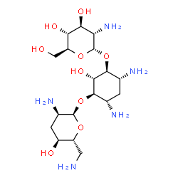 ChemSpider 2D Image | (1S,2S,3R,4S,6R)-4,6-Diamino-3-[(2,6-diamino-2,3,6-trideoxy-alpha-D-ribo-hexopyranosyl)oxy]-2-hydroxycyclohexyl 2-amino-2-deoxy-alpha-L-glucopyranoside | C18H37N5O9
