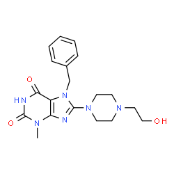 ChemSpider 2D Image | 7-Benzyl-8-[4-(2-hydroxyethyl)-1-piperazinyl]-3-methyl-3,7-dihydro-1H-purine-2,6-dione | C19H24N6O3