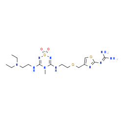 ChemSpider 2D Image | 3-(2-Diethylaminoethylamino)-5-(2-((2-guanidinothiazol-4-yl)methylthio)ethylamino)-4-methyl-1,2,4,6-thiatriazine-1,1-dioxide | C16H30N10O2S3