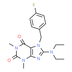 ChemSpider 2D Image | 8-Diethylamino-7-(4-fluoro-benzyl)-1,3-dimethyl-3,7-dihydro-purine-2,6-dione | C18H22FN5O2
