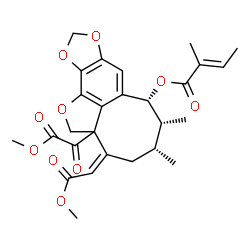 ChemSpider 2D Image | (3Z,5R,6R,7R)-2a-[Methoxy(oxo)acetyl]-3-(2-methoxy-2-oxoethylidene)-5,6-dimethyl-2a,3,4,5,6,7-hexahydro-2H-1,9,11-trioxacycloocta[cd]-as-indacen-7-yl (2E)-2-methyl-2-butenoate | C27H30O10