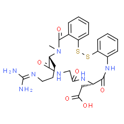 ChemSpider 2D Image | [(7S,13R)-13-{3-[(Diaminomethylene)amino]propyl}-14-methyl-6,9,12,15-tetraoxo-6,7,8,9,10,11,12,13,14,15-decahydro-5H-dibenzo[c,p][1,2,5,8,11,14]dithiatetraazacycloheptadecin-7-yl]acetic acid | C26H31N7O6S2