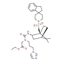 ChemSpider 2D Image | Ethyl N-({(1S,2S,4R)-1-[(2,3-dihydro-1'H-spiro[indene-1,4'-piperidin]-1'-ylsulfonyl)methyl]-7,7-dimethylbicyclo[2.2.1]hept-2-yl}carbamoyl)-N-[3-(1H-imidazol-1-yl)propyl]glycinate | C34H49N5O5S