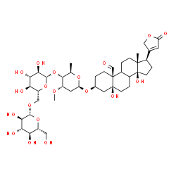 ChemSpider 2D Image | (3S,5S,10S,13R,14S,17R)-5,14-dihydroxy-3-[(2R,4S,5R,6R)-4-methoxy-6-methyl-5-[(2S,3R,4S,5S,6R)-3,4,5-trihydroxy-6-[[(2R,3R,4S,5S,6R)-3,4,5-trihydroxy-6-(hydroxymethyl)tetrahydropyran-2-yl]oxymethyl]tetrahydropyran-2-yl]oxy-tetrahydropyran-2-yl]oxy-13-methyl-17-(5-oxo-2H-furan-3-yl)-2,3,4,6,7,8,9,11,12,15,16,17-dodecahydro-1H-cyclopenta[a]phenanthrene-10-carbaldehyde | C42H64O19