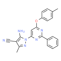 ChemSpider 2D Image | 5-Amino-3-methyl-1-[6-(4-methylphenoxy)-2-phenyl-4-pyrimidinyl]-1H-pyrazole-4-carbonitrile | C22H18N6O
